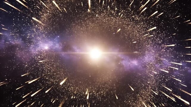 A brilliant central source of light surrounded by spiraling trails, reminiscent of space