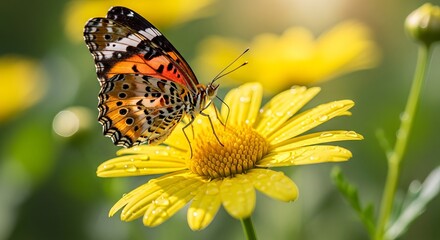 Obraz premium Detailed leopard lacewing butterfly resting on yellow daisy flower with water droplets