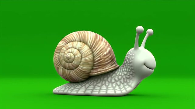 Cute cartoon snail with detailed shell and expressive face smiles and moves on a vibrant green screen background creating a cheerful and playful atmosphere suitable for children's content and