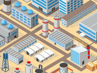 Isometric illustration of an industrial complex with smokestacks and buildings