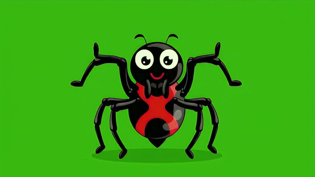 Cute Pixelated Black Widow Spider Character Dancing Joyfully on a Vibrant Green Screen Background with Playful Eyes and Red Hourglass Markings