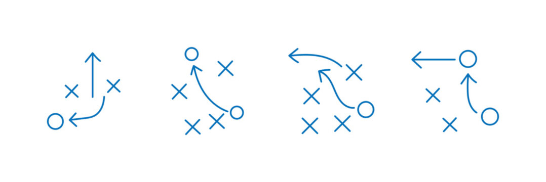 American Football Strategy Play Diagram Icon Set with X and O Players, Tactical Coaching Game Plan Routes, Offensive and Defensive Formation Arrows, Sports Playbook Vector Illustration.eps10
