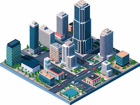 Isometric illustration of a modern city landscape with skyscrapers and streets