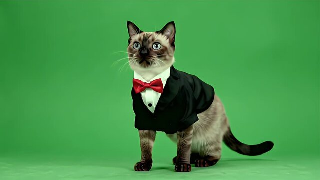 Elegant Siamese Cat Dressed in Black Tuxedo with Red Bow Tie Posed on Green Screen Background for Formal Occasions and Events