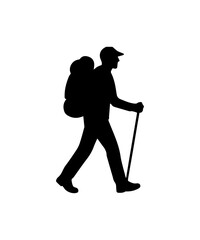 Hiker silhouette trekking with backpack and walking pole