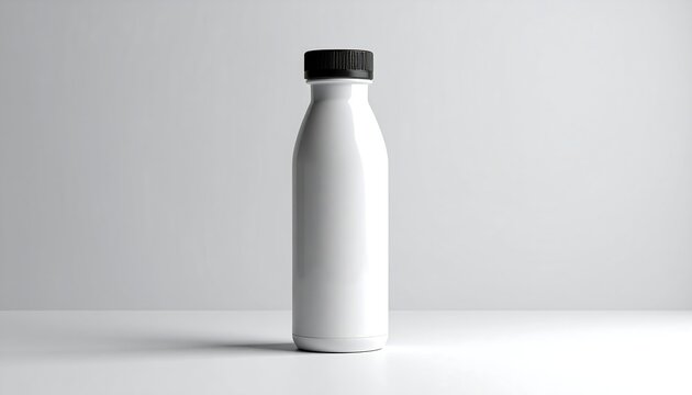 White, streamlined bottle with a black cap, centered on a white surface against a soft grey background