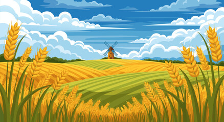 Golden Wheat Field Landscape with Windmill A Vibrant Vector Illustration of a Rural Scene Under a Cloudy Blue Sky © Purnomo Semlirick