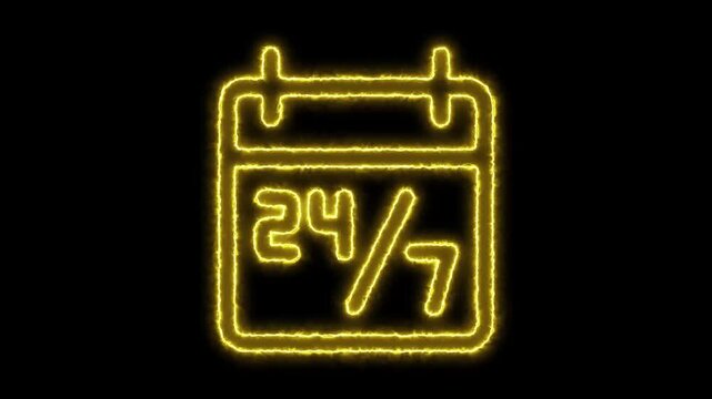 Glowing Nonstop Service Twenty Four Seven calendar symbol saber animation with black background
