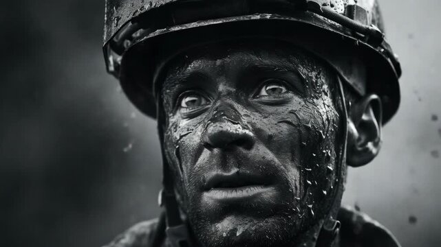 Drenched soldier gazes upward through rain and grime. Helmet bears mud and water droplets. Face shows grit, fatigue, determination. Dark, moody tones emphasize intensity