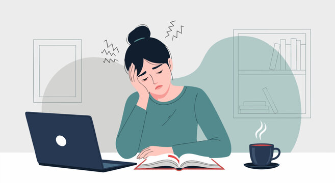 Illustration of a tired student studying late at night on her laptop and books, vector art