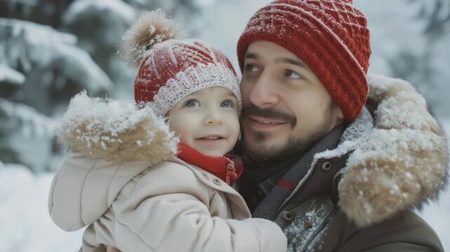 Snowflakes dust the child's hat and coat. Warm smiles meet soft winter light. Parent holds child close in frosty air. Soft fur-lined hood frames tender moment. Joyful faces glow against snowy trees
