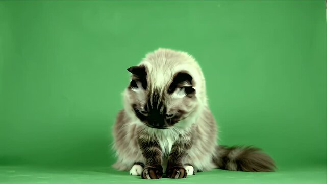 Fluffy Ragdoll Cat with Blue Eyes Sitting Serenely on a Vibrant Green Screen Background with Soft Studio Lighting Professional Animal Photography Isolated Subject for Easy Compositing