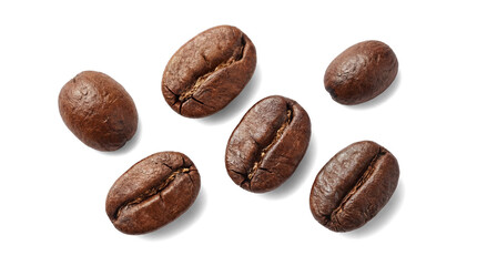 Fototapeta premium Photograph of six rich, dark roasted coffee beans, scattered with soft shadows, isolated on a transparent background.