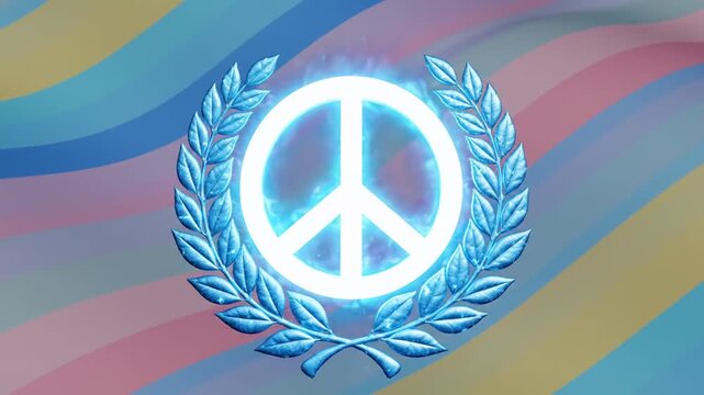 Glowing peace symbol with blue laurel wreath on abstract background
