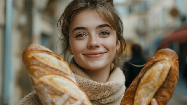Warm bread loaves held by smiling young woman. Soft focus background hints at cozy bakery street. Her gentle gaze invites viewers into the moment. Golden crusts gleam under natural daylight