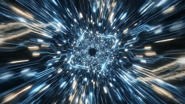 Abstract perspective rendering of a tunnel in space with digital glowing streaks