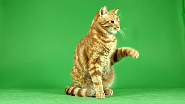 Ginger Tabby Cat Playing with Water Droplets Against a Vibrant Green Screen Background Isolated Capturing Playful Moment