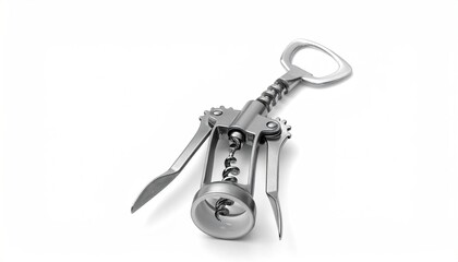 A shiny, metallic corkscrew lies on a bright white background, angled right