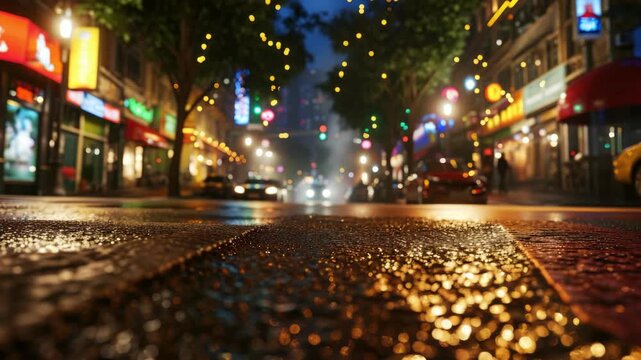 Rain slicks pavement, reflecting streetlights. Cars move softly through wet urban streets. Trees stand blurred, glowing with distant lights. Night ambiance drips with quiet, damp energy