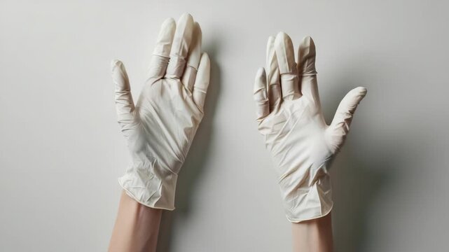 Hands wear white latex gloves. Gloves show slight creases and texture. Hands rest flat against plain background. Light source casts soft shadow to right