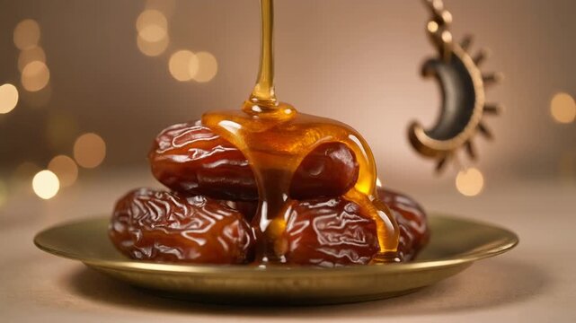 Sweet honey pouring over dates on a golden plate for Ramadan