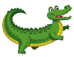 Naklejka premium Cartoon green crocodile with yellow stripes and red tongue... isolated on a transparent background