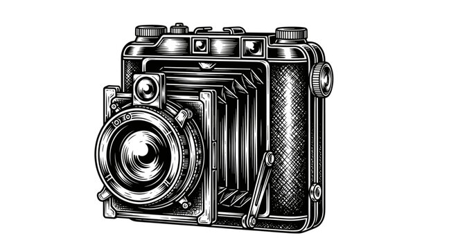 antique folding camera detailed vintage engraving illustration classic photographic equipment retro photography device hand drawn woodcut style