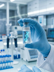 Fototapeta premium Scientist hand holding vial in laboratory, medical research and biotechnology .generative AI