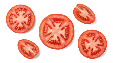 Assortment of vibrant red tomato slices and halves, showcasing fresh culinary ingredients for food-related designs.