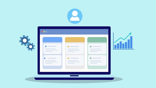 Flat vector animation of laptop analytics dashboard with user icon, gear settings, and growth chart representing business data analysis, system management, and digital performance monitoring.