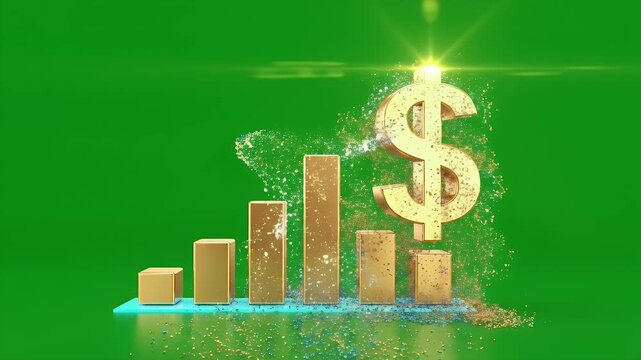 A golden dollar sign with rising bars and floating particles against a green background
