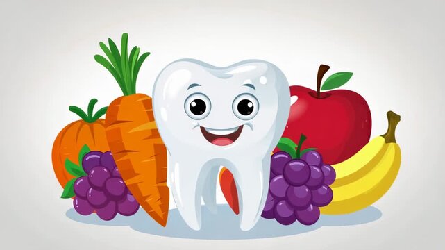 Happy tooth character with healthy food choices cartoon dental health education animation explainer nutrition grapes apple banana carrot