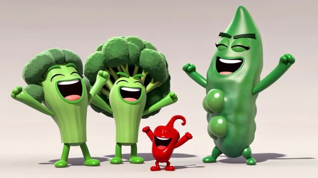 Joyful animated vegetables cheering together broccoli okra and chili pepper celebrating health and wellness in a cartoon style