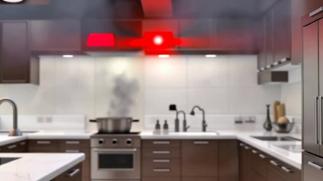Kitchen fire alarm triggered smoke detector activation illustrating cooking safety and potential home emergency blurry background scene