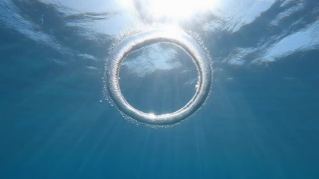 A perfect bubble ring rises towards the sun underwater