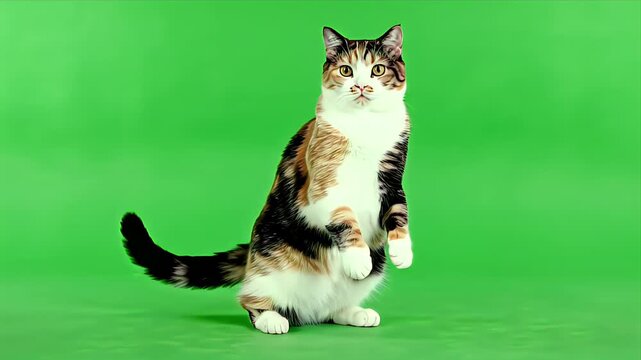 Playful Calico Cat Dancing with Paws Raised Standing Upright on a Vibrant Green Screen Background in Studio Lighting for Creative Projects