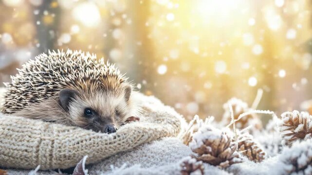 Tiny hedgehog rests in cozy knitted blanket. Snowflakes drift softly in golden winter light. Warm sunbeam glows behind frosty branches. Hedgehog looks calm, nestled in soft texture