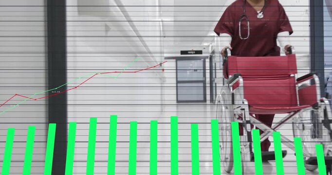 Nurse pushing red wheelchair down medical corridor, overlay rising from bottom and obscuring floor