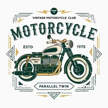 Vintage motorcycle club emblem with retro parallel twin bike design 1975