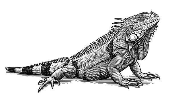 Vintage iguana engraving, antique lizard reptile sketch and tropical animal illustration in woodcut style isolated