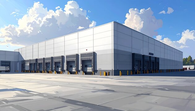 Large industrial warehouse with multiple loading docks under a bright sky