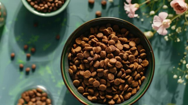 Fresh pet food in a bowl on a green surface. Soft pink flowers nearby add gentle charm. D scattered kibble adds natural, casual feel. Bright lighting enhances textures and colors