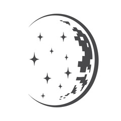 Minimalist Black and White Moon Icon, Pixel Art Style Lunar Silhouette for Graphic Design