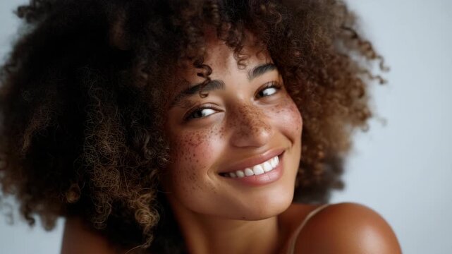 Warm smile graces her face. Curly hair frames her joyful expression. Natural freckles accent her bright complexion. Soft light highlights her radiant skin. Her eyes sparkle with genuine happiness