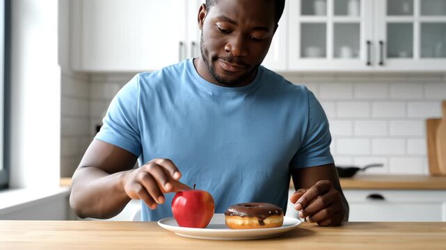A man ponders between a healthy apple and a tempting donut.