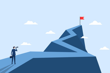 businessman standing telescope look mountain flag on peak. business strategy leadership to success. path to goal concept. prople climb achievement. vector illustration flat design. © Yellow duck