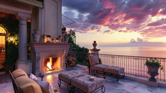 Sunset bathes terrace in warm, golden light. Fire crackles softly in stone fireplace. Comfortable seating invites quiet relaxation. Ocean horizon glows with soft, soft hues