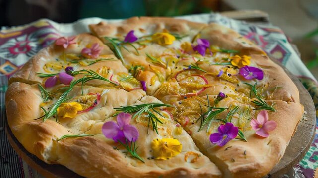 Golden crust pizza topped with wildflowers and herbs. Fresh purple and yellow blooms scattered artfully. Rosemary sprigs add aromatic flair. Sunlit, rustic presentation on patterned cloth