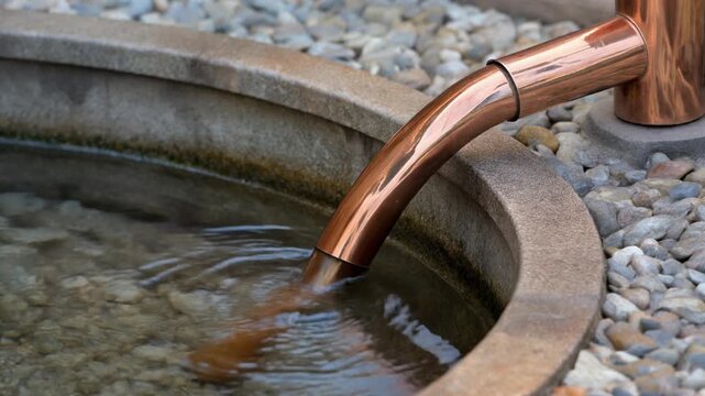 Water flowing from a copper pipe into a stone garden fountain