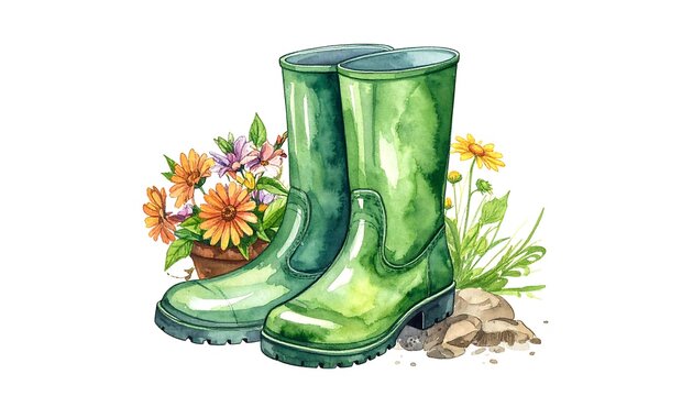 Watercolor of glossy green rain boots surrounded by colorful flowers and dirt clods, isolated on white